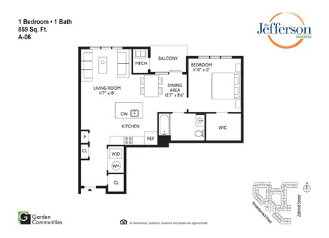 Floor plan for 1 bed, 1 bath, 859 sqft